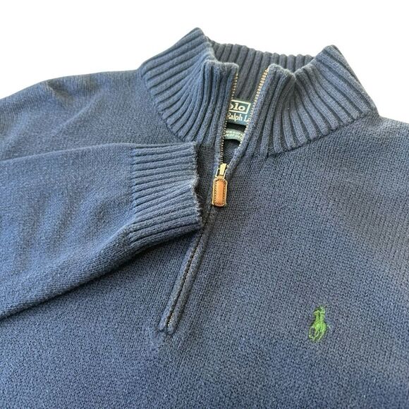 Polo Ralph Lauren 100% Cotton Navy Blue Knit Zip Preppy Sweater Mens Large - Picture 1 of 7